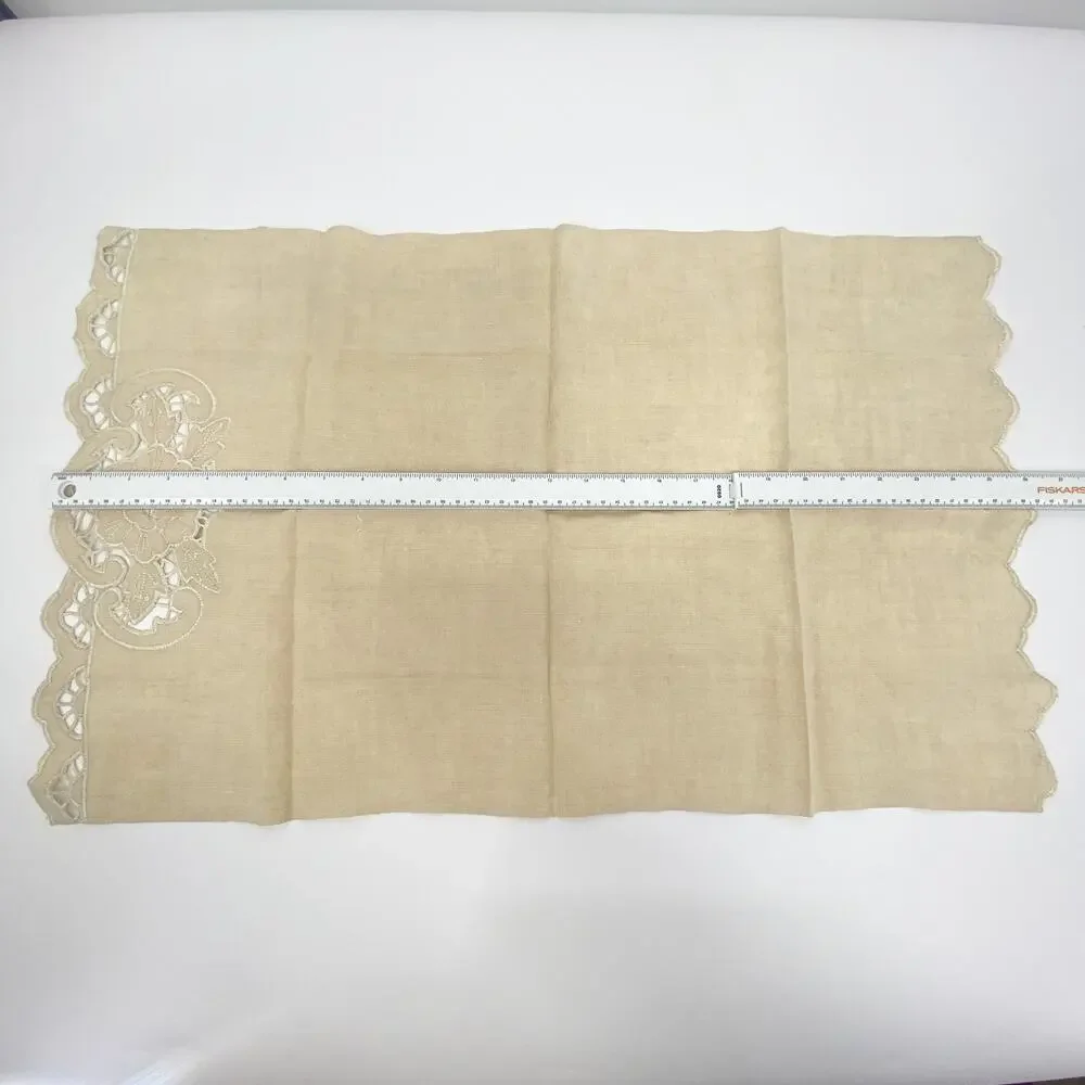 Vintage Linen Dresser Scarf Floral Cutwork Beige Table Runner Cottagecore